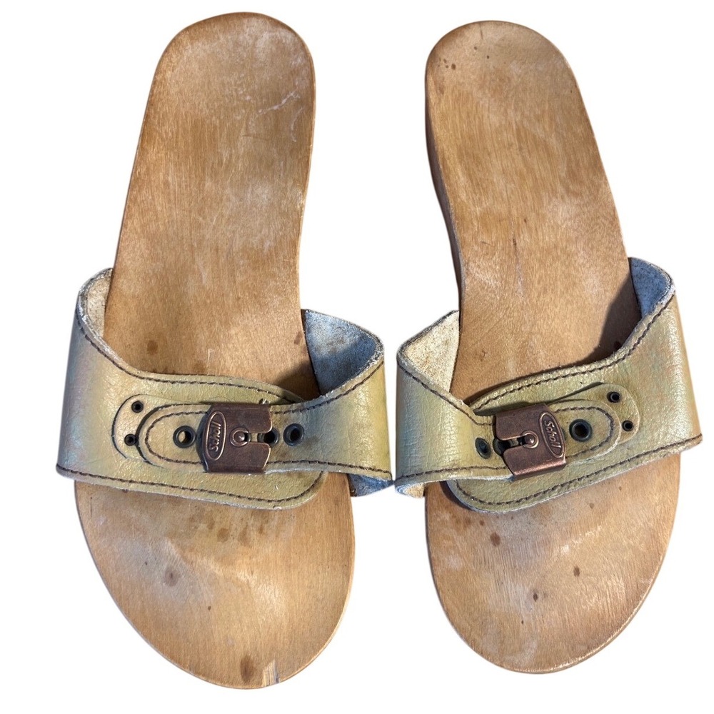 Dr Scholls VTG RARE Wooden Slide Sandals Yellow Leather Adjustable Clog Women 8